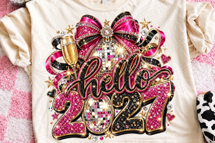 Hello 2027 Pink Disco Ball Bow Glam New Year PNG example image 1