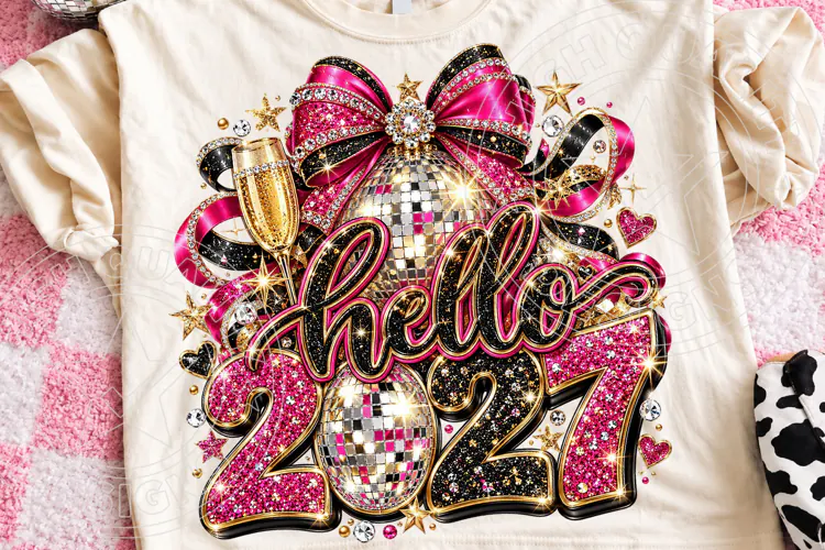 Hello 2027 Pink Disco Ball Bow Glam New Year PNG