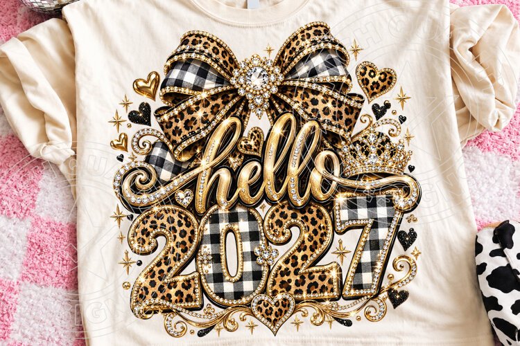 Hello 2027 Leopard Buffalo Plaid Rhinestone Glam New Year PN example image 1