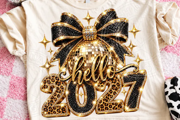 Hello 2027 Black Gold Leopard Rhinestone New Year PNG