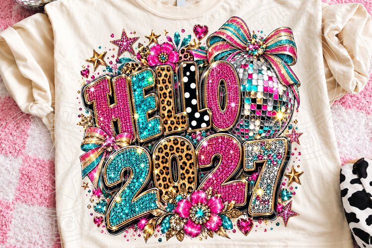 Hello 2027 Rhinestone Leopard Disco Ball New Year PNG example image 1