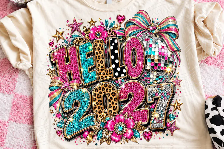 Hello 2027 Rhinestone Leopard Disco Ball New Year PNG