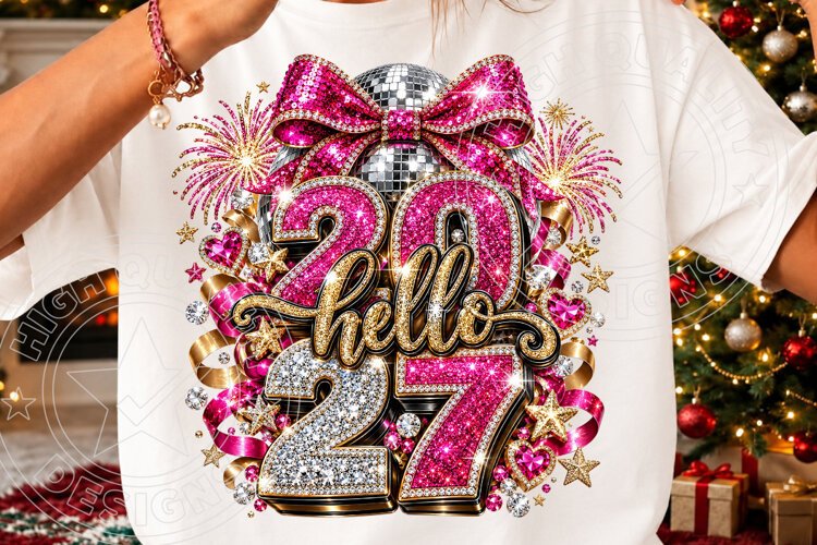 Hello 2027 Pink Rhinestone Disco Ball New Year PNG example image 1