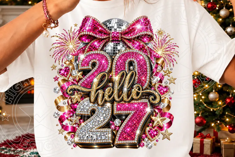 Hello 2027 Pink Rhinestone Disco Ball New Year PNG