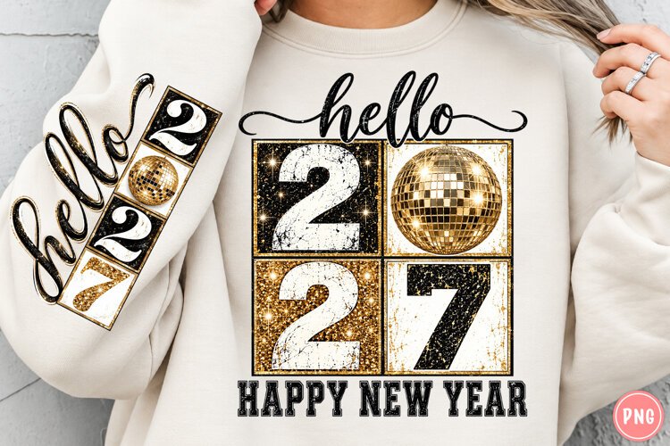Hello 2027 PNG | Black & Gold Disco Ball New Year Png example image 1