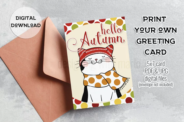 Hello Autumn Printable 5x7 Cat Greeting Card
