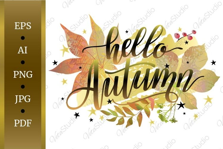 Hello autumn banner with lettering and autumn leaves.