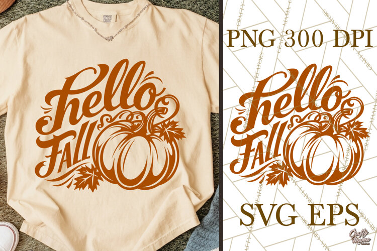 Hello Fall Fall SVG Cut File & Pumpkin Fall PNG Design example image 1