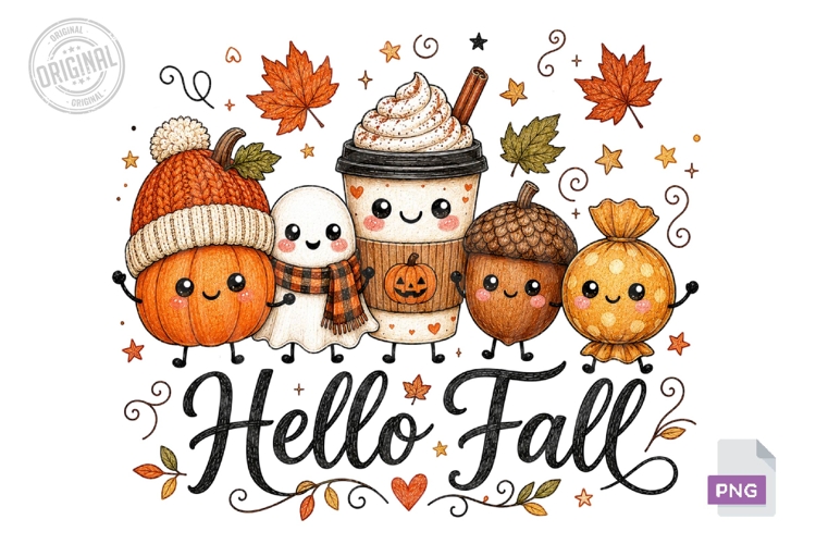 Hello Fall Cute Autumn Pumpkin PNG Sublimation Design Art