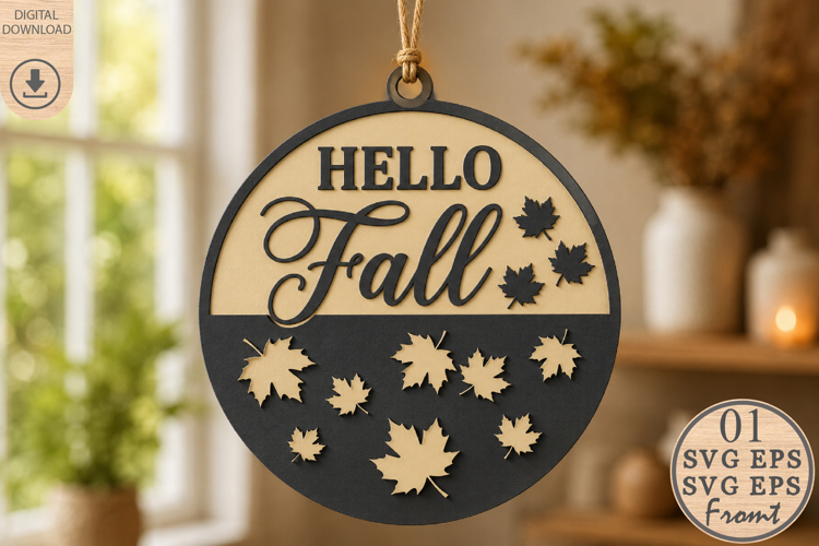 Hello Fall Laser Cut File SVG, Autumn Round Ornament SVG