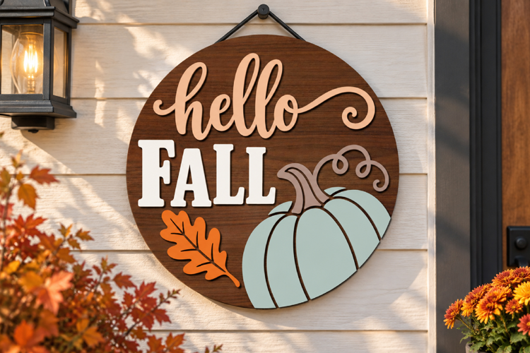 Hello Fall Pumpkin and Leaf Sign SVG File