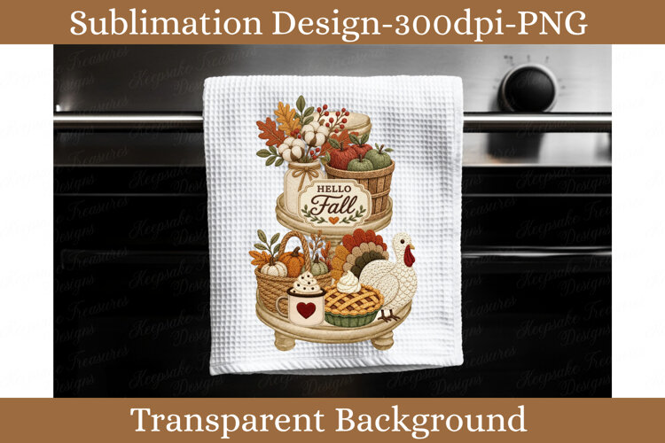 Hello Fall tiered tray decor PNG featuring pumpkins, cotton stems, turkey, pie, farmhouse basket, autumn leaves and rustic kitchen seasonal decoration.