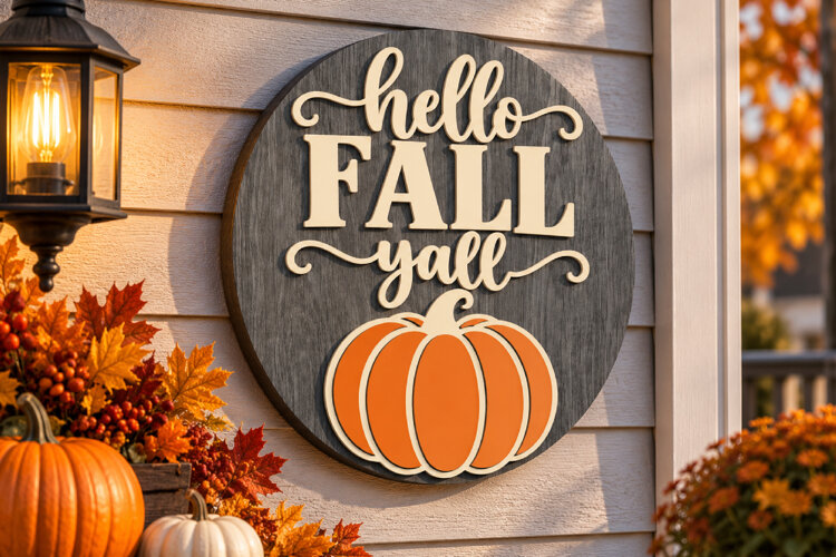 Hello Fall Yall Door Hanger Laser Cut Files, Fall SVG Sign example image 1