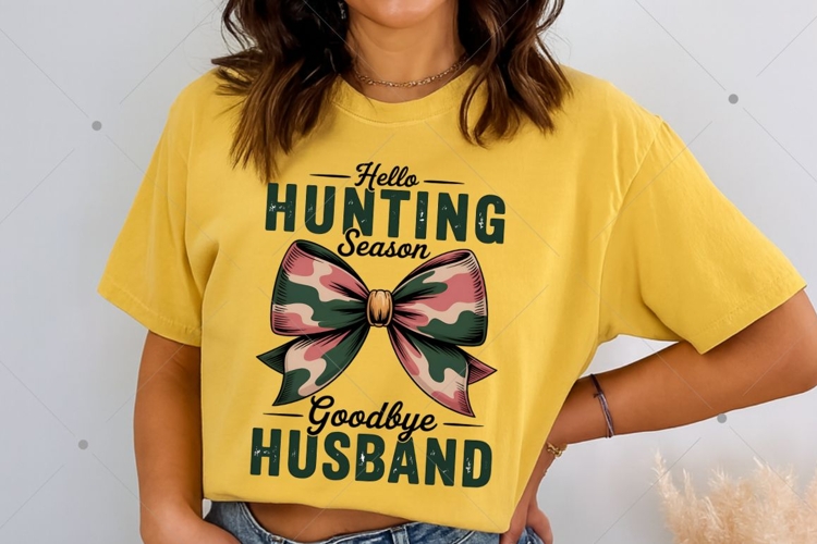 Hello Hunting Season Goodbye Husband PNG, Camo Coquette Bow