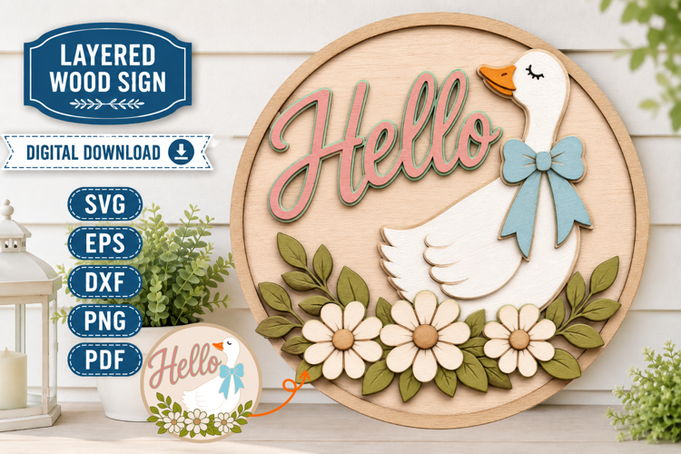 Hello Goose Door Hanger SVG | Goose With Bow Laser Cut File