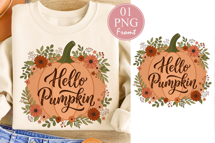 Hello Pumpkin PNG, Fall Sublimation Design example image 1