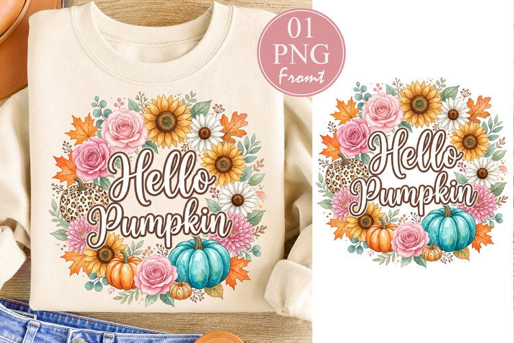 Hello Pumpkin PNG, Watercolor Fall Floral Wreath Sublimation example image 1