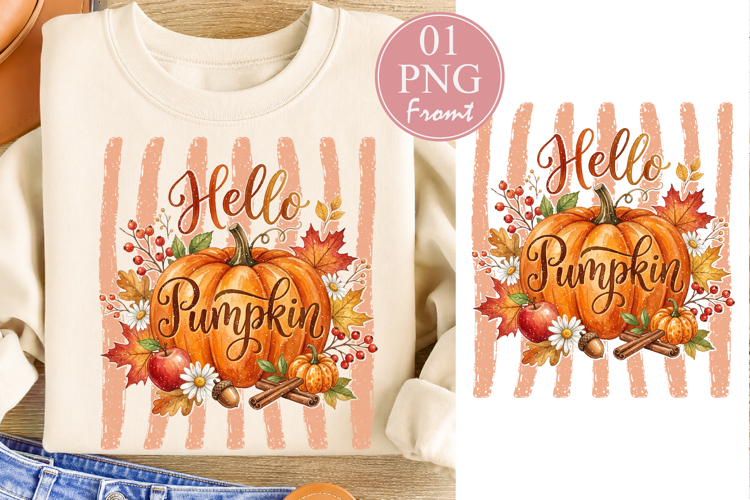 Hello Pumpkin PNG, Watercolor Fall Sublimation example image 1