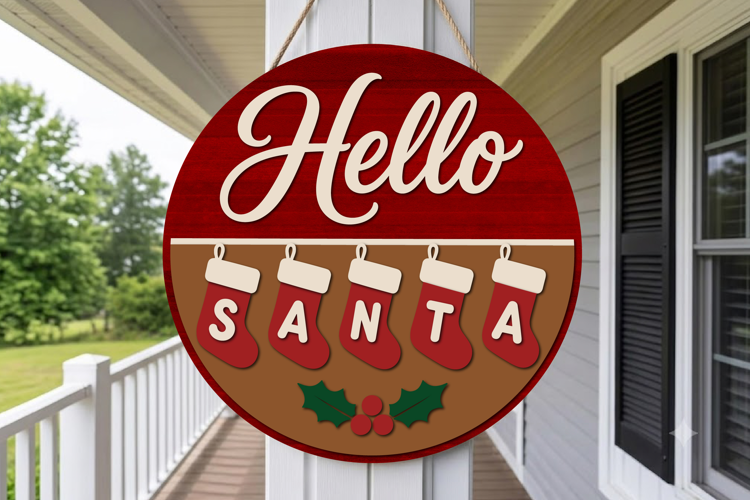 Hello Santa Door Hanger SVG, Round Wooden Laser Cut