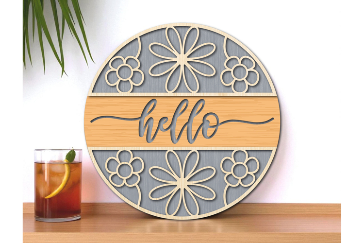 Hello Sign Laser Cut, Round Door Hanger SVG