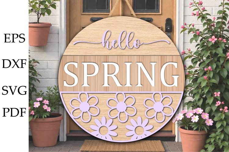 Hello Spring Sign, Round door hanger svg