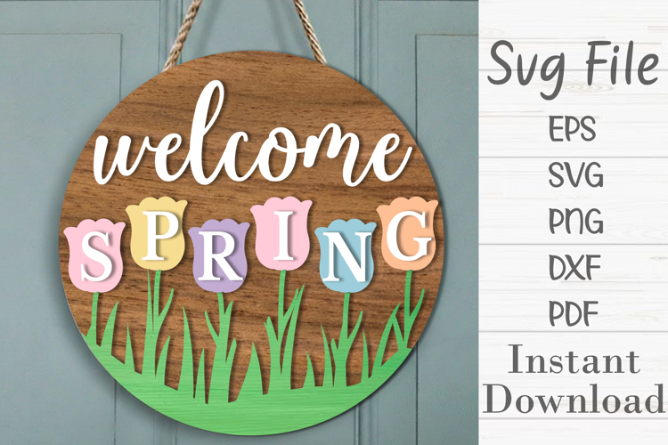 Hello Spring Tulips Sign, Round door hanger svg