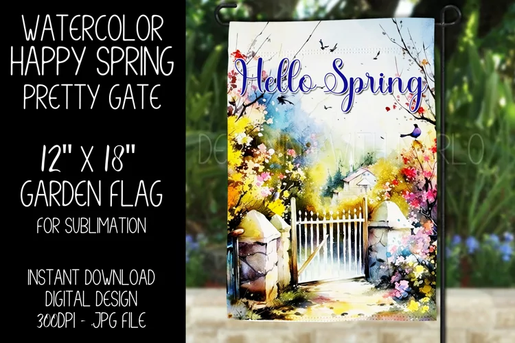 Hello Spring Garden Flag Sublimation Design, Pretty Gate d4
