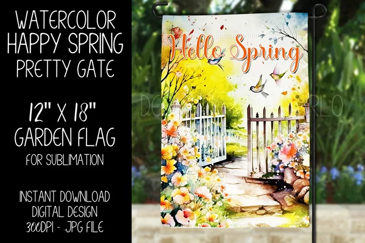Hello Spring Garden Flag Sublimation Design, Pretty Gate d5