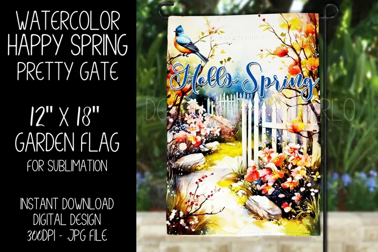 Hello Spring Garden Flag Sublimation Design, Pretty Gate d7