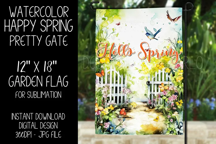 Hello Spring Garden Flag Sublimation Design, Pretty Gate d8