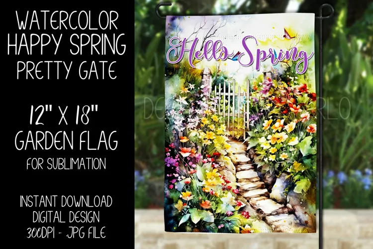 Hello Spring Garden Flag Sublimation Design, Pretty Gate d9