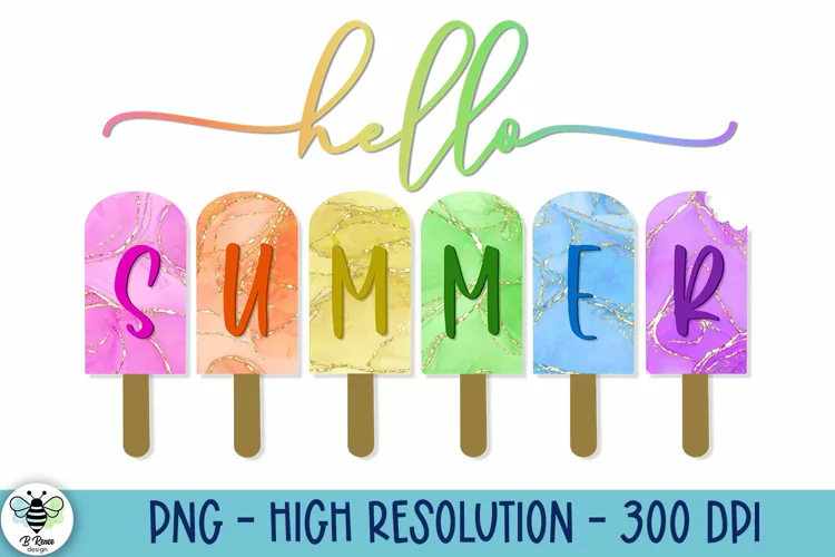 Hello Summer Alcohol Ink Popsicles PNG with glitter accents