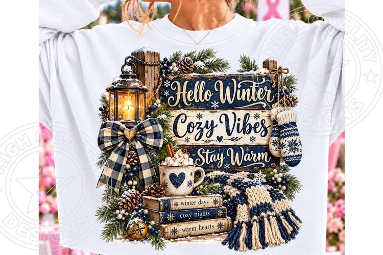 Hello Winter Cozy Vibes PNG, Blue Buffalo Plaid Farmhouse Su example image 1