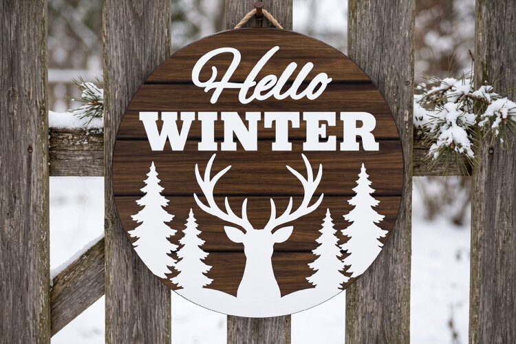Hello Winter Deer Round Sign SVG, Rustic Winter Door example image 1