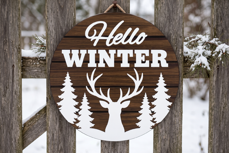 Hello Winter Deer Round Sign SVG, Rustic Winter Door
