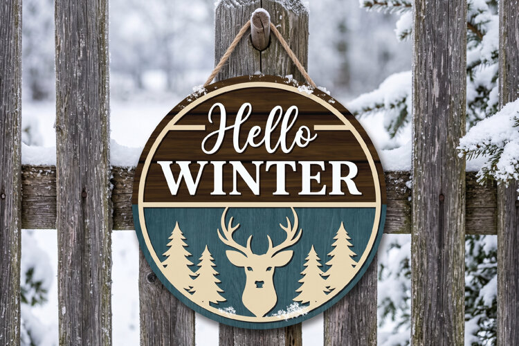 Hello Winter Deer SVG, Rustic Cabin Door Hanger example image 1