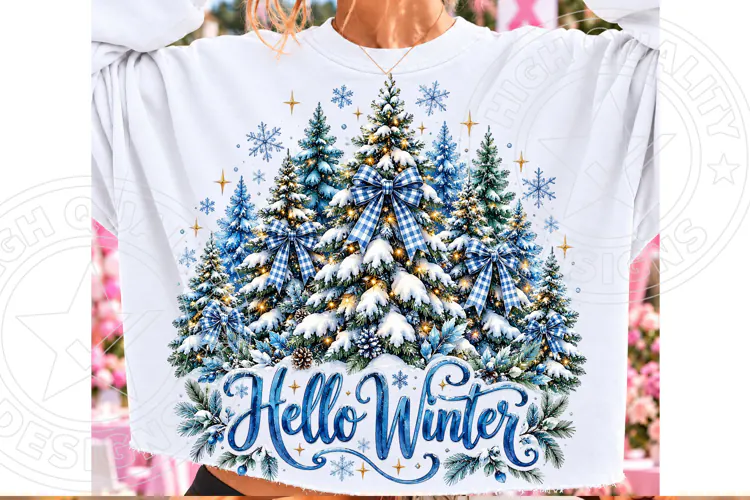 Hello Winter Blue Christmas Tree & Gingham Bow PNG