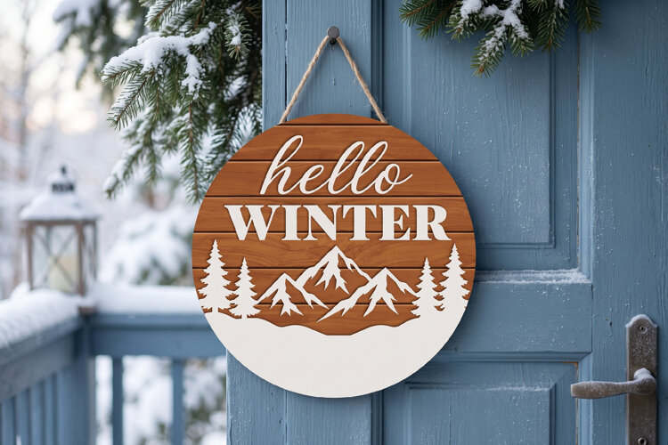 Hello Winter SVG Round Sign, Rustic Layered Winter Door example image 1