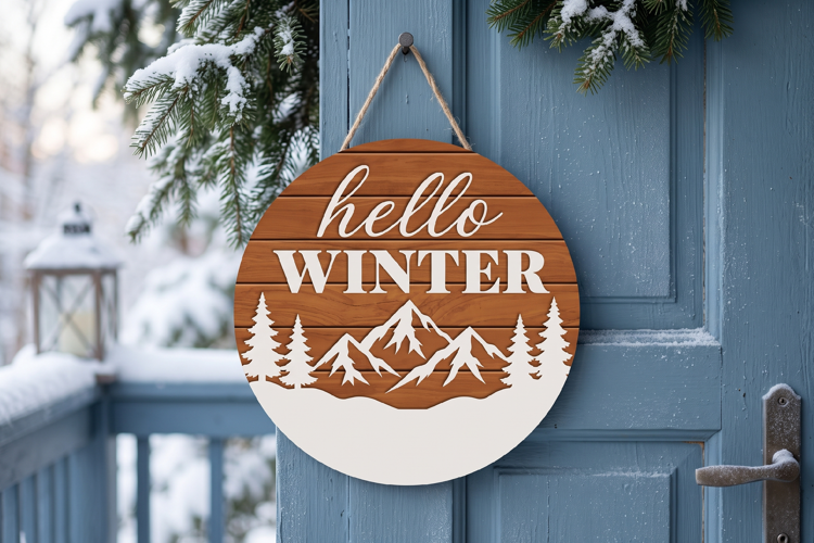 Hello Winter SVG Round Sign, Rustic Layered Winter Door