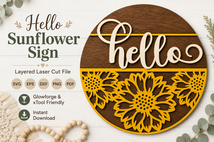 Summer Sunflower Hello Welcome Sign SVG | Door Hanger laser