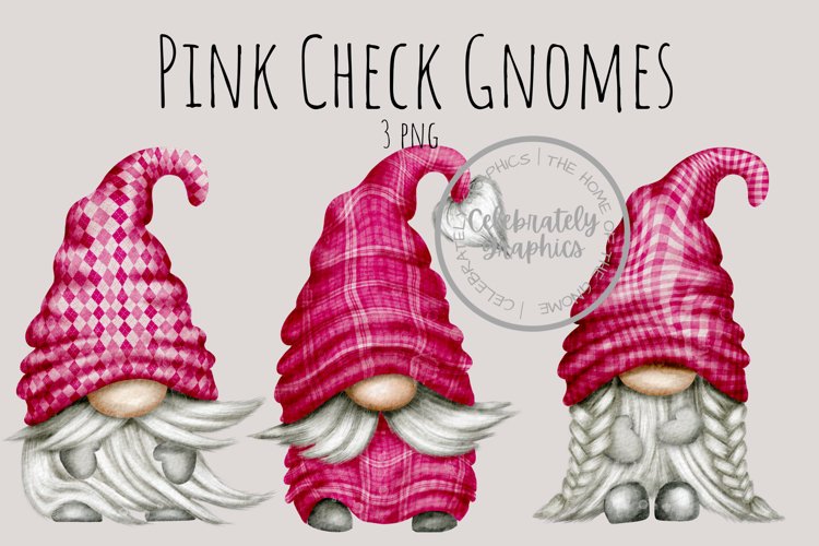 Pink Plaid Check Gnomes| Watercolor Clipart Png
