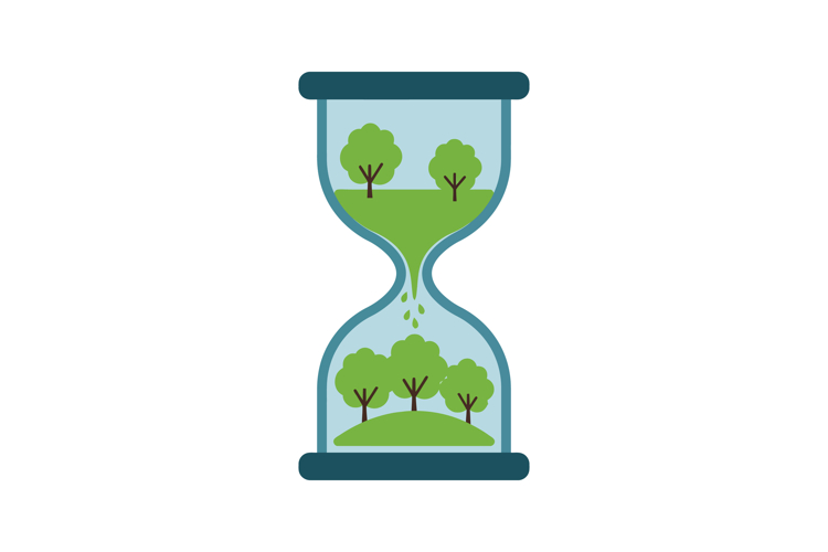 Hourglass with green trees symbolizing environmental time an