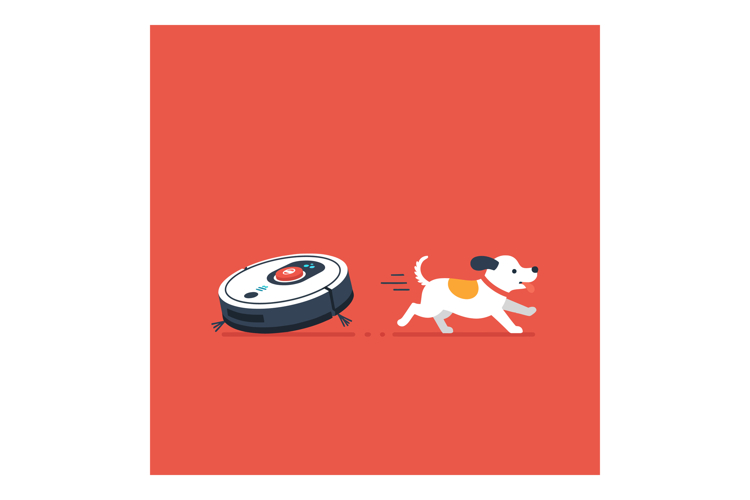 Small dog running from robotic vacuum cleaner on red backgro