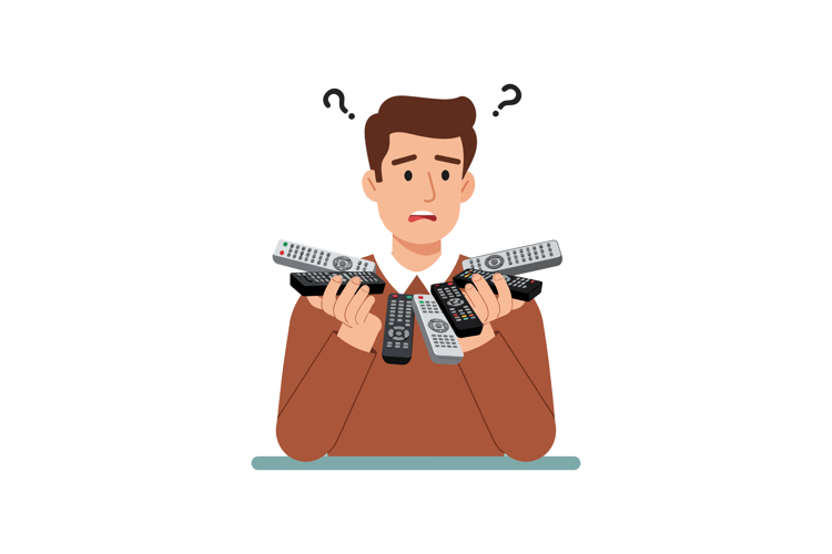 Confused man holding multiple remote controls struggling to example image 1