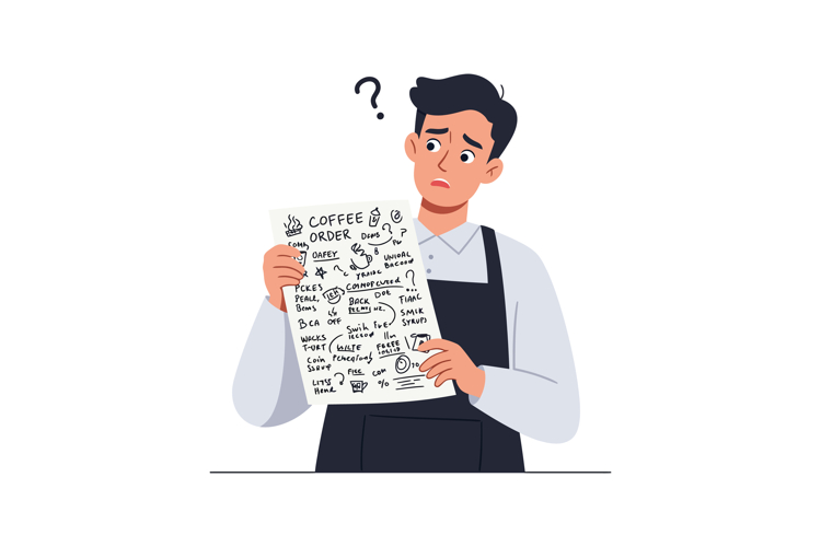 Confused barista holding coffee order list vector illustrati