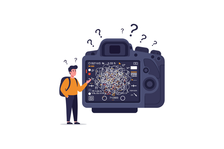 Confused man studying complex camera settings on large digit