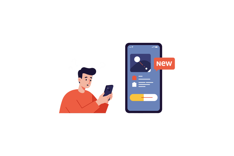 Young man using smartphone with new app notification on scre