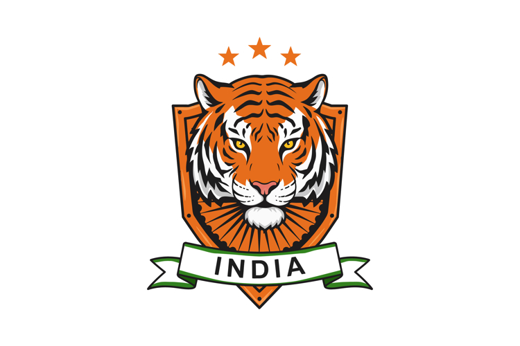 Fierce tiger head mascot with orange shield and stars above