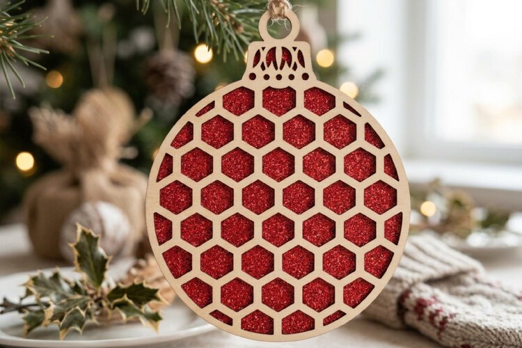 Hexagon Christmas Bauble SVG Laser Cut Ornament File example image 1
