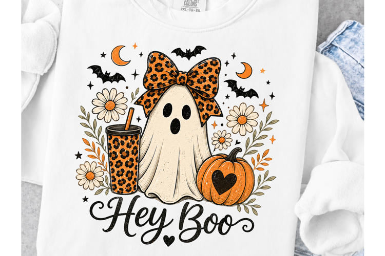 Hey Boo Ghost PNG, Coffee & Pumpkins Halloween Shirt Design